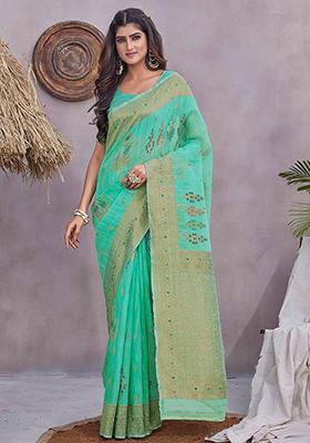 Sea Green Zari Woven Linen Saree Set