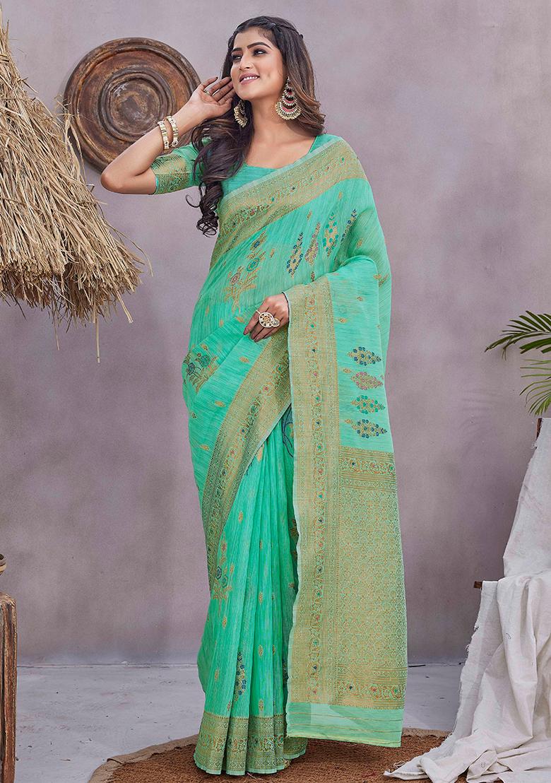 Sea Green Zari Woven Linen Saree Set