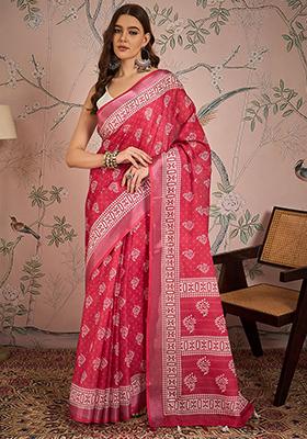 Pink Digital Print Linen Blend Saree Set
