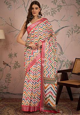 Off White Digital Print Linen Blend Saree Set