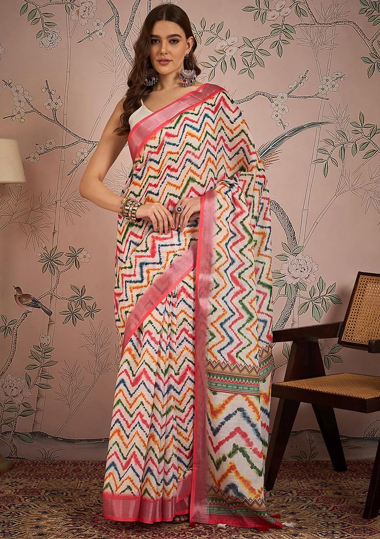 Off White Digital Print Linen Blend Saree Set
