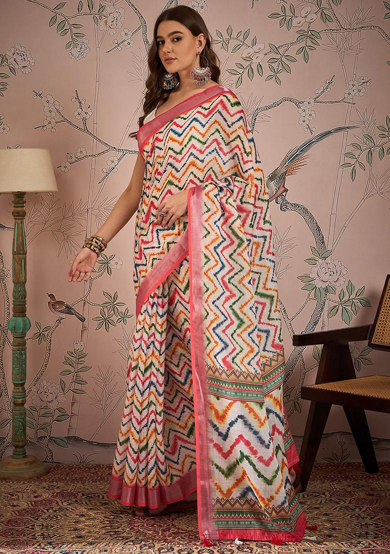 Off White Digital Print Linen Blend Saree Set