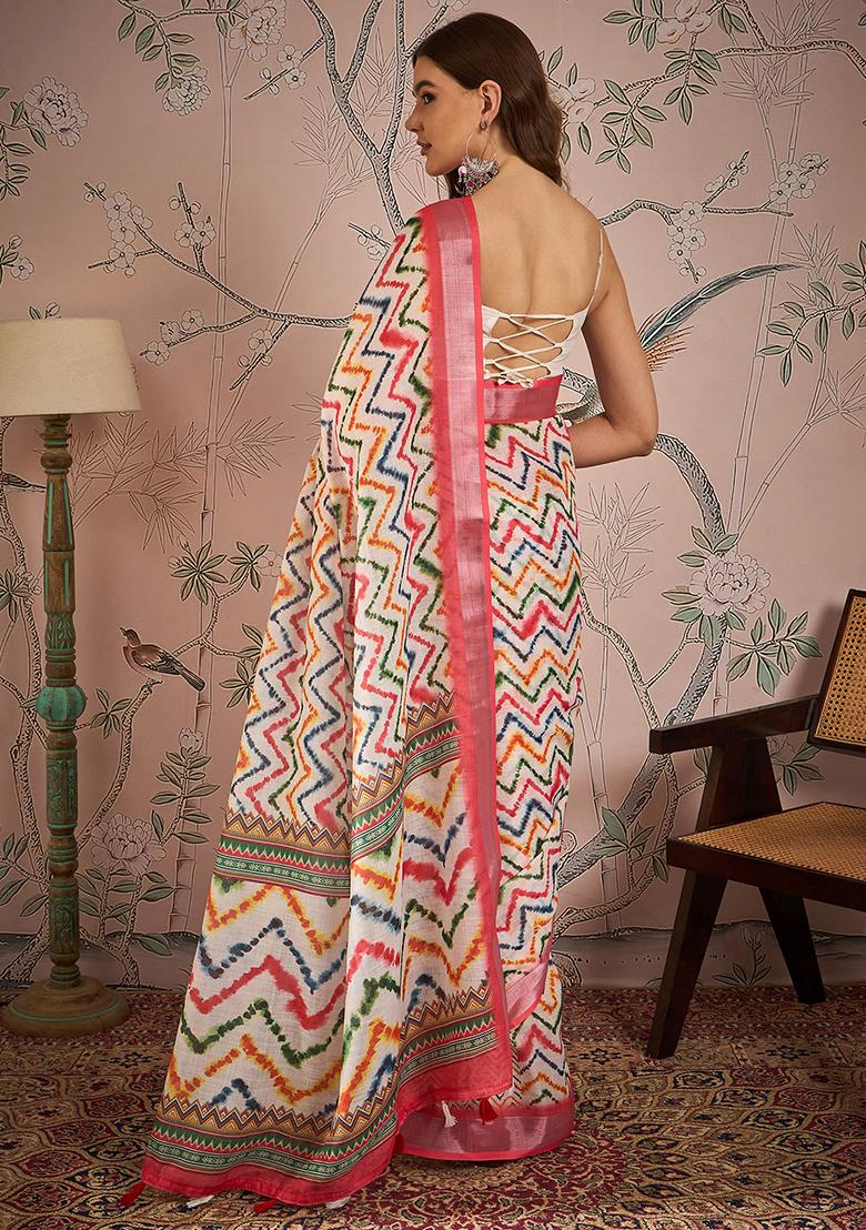 Off White Digital Print Linen Blend Saree Set