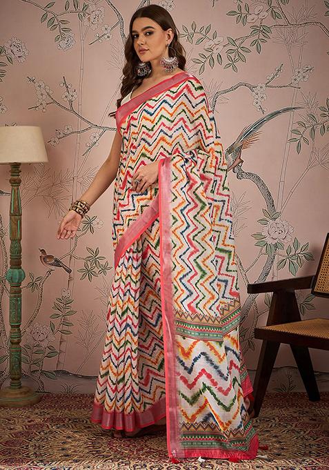 Off White Digital Print Linen Blend Saree Set
