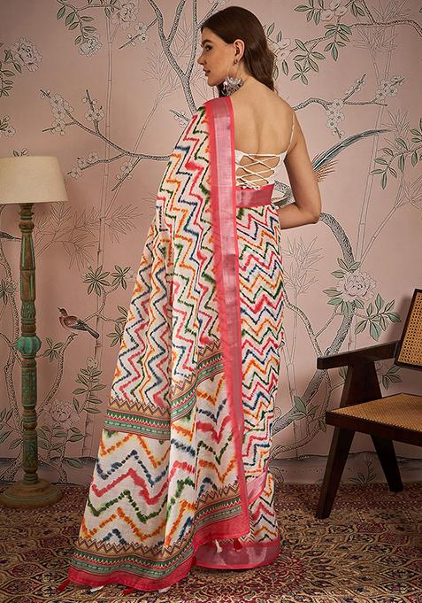 Off White Digital Print Linen Blend Saree Set