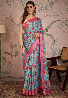 Sea Green Digital Print Linen Blend Saree Set