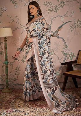 Mauve Digital Print Linen Blend Saree Set