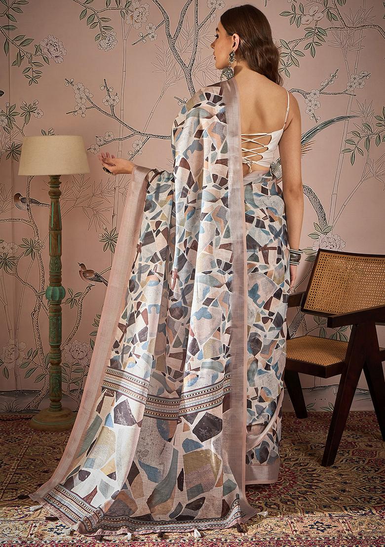 Mauve Digital Print Linen Blend Saree Set