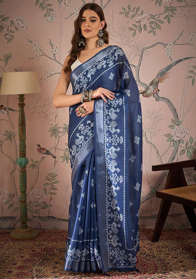 Navy Blue Digital Print Linen Blend Saree Set - Indya