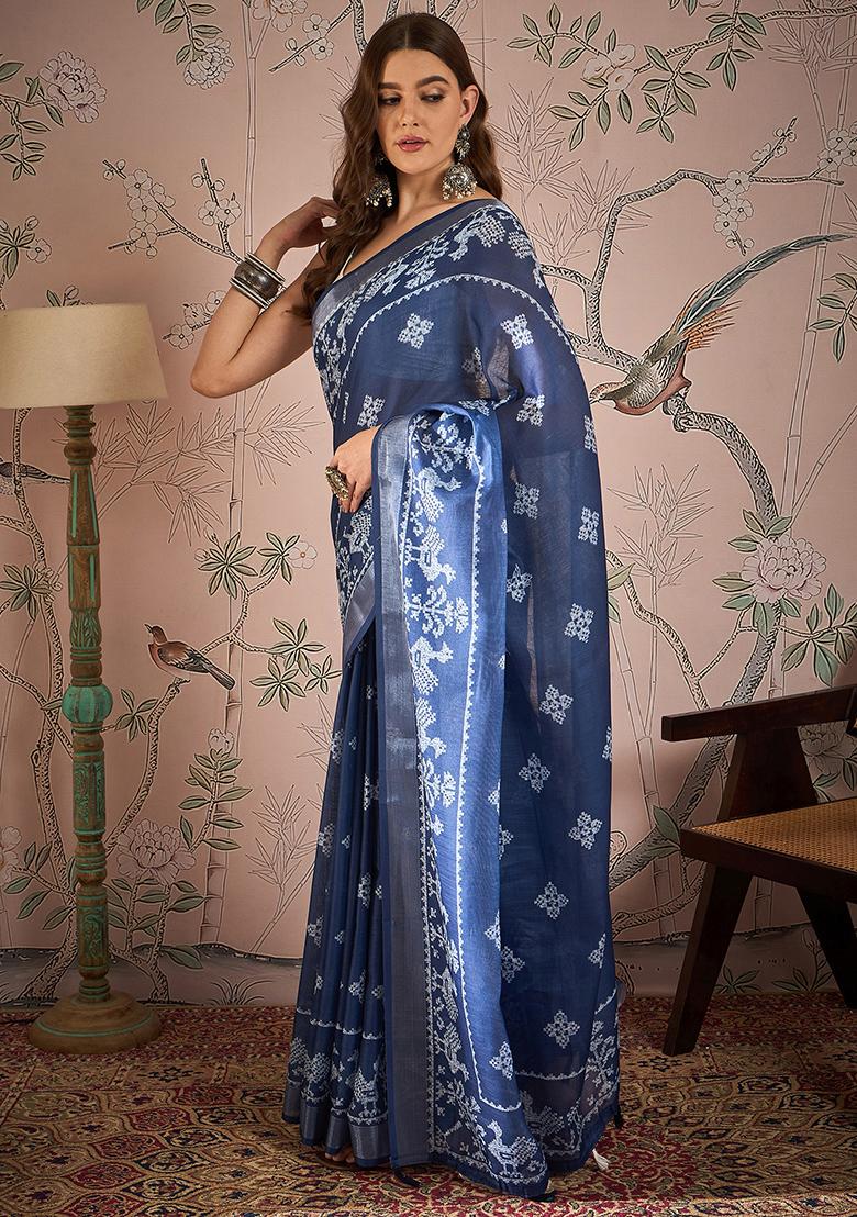 Navy Blue Digital Print Linen Blend Saree Set