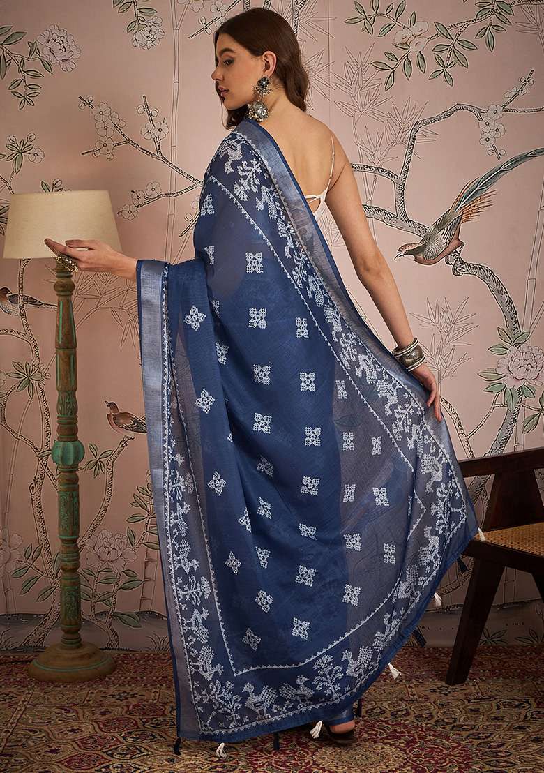 Navy Blue Digital Print Linen Blend Saree Set - Indya