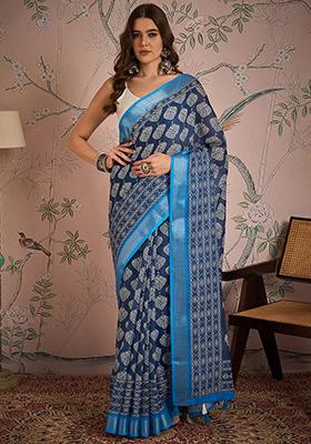 Blue Digital Print Linen Blend Saree Set