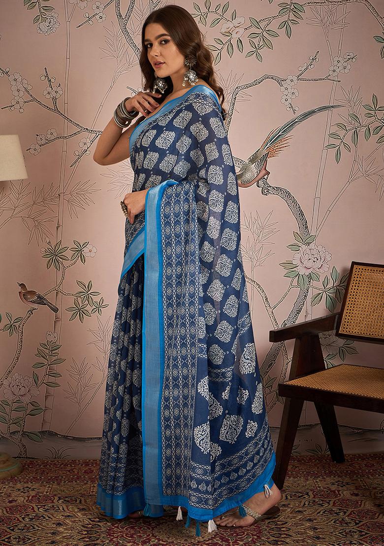 Blue Digital Print Linen Blend Saree Set