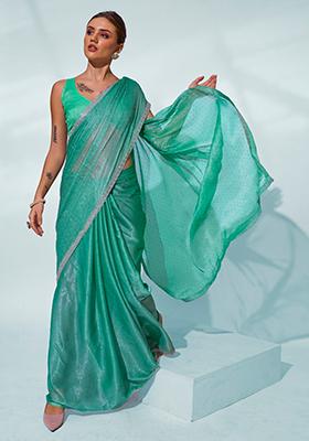 Sea Green Solid Chiffon Saree Set