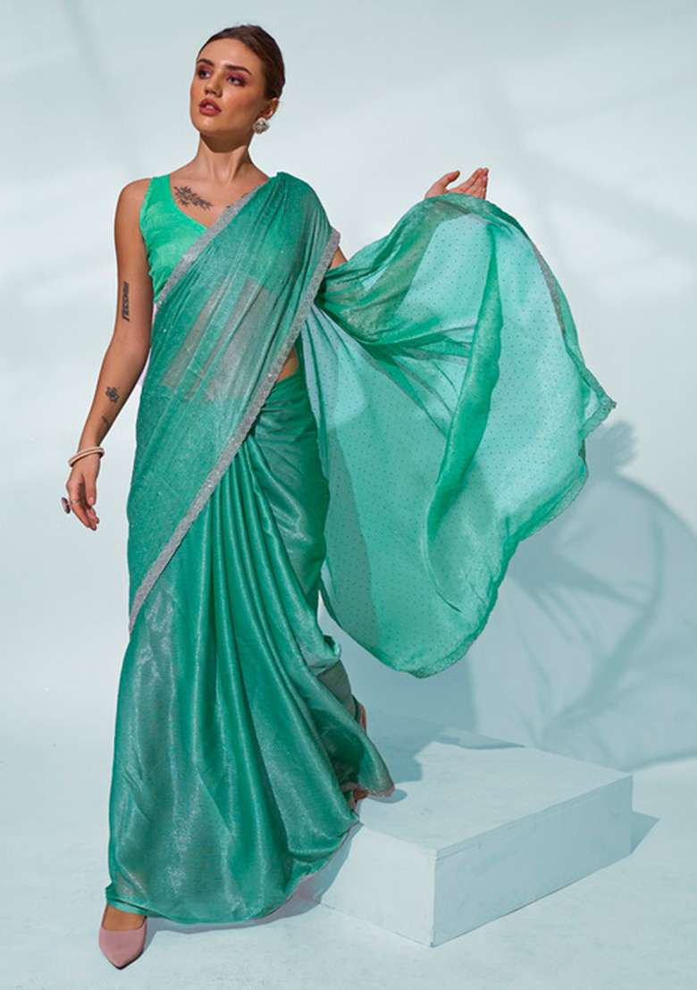 Sea Green Solid Chiffon Saree Set - Indya