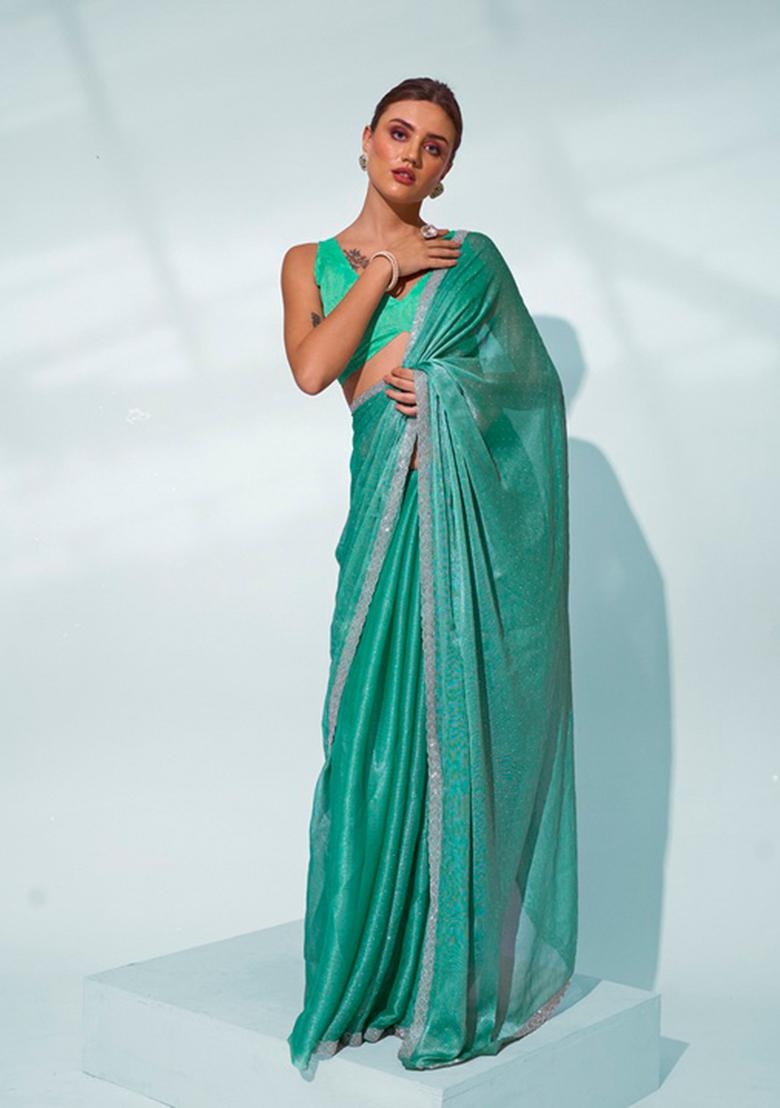 Sea Green Solid Chiffon Saree Set