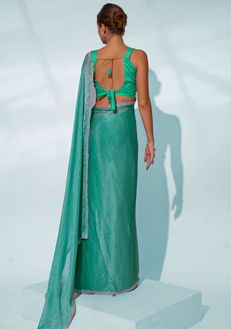 Sea Green Solid Chiffon Saree Set - Indya