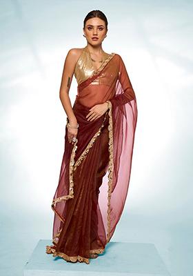 Brown Solid Tissue Saree Set