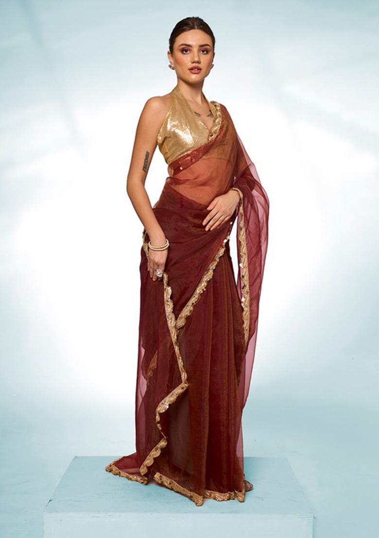 Brown Solid Tissue Saree Set