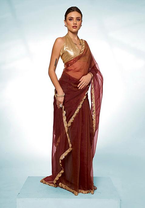 Brown Solid Tissue Saree Set