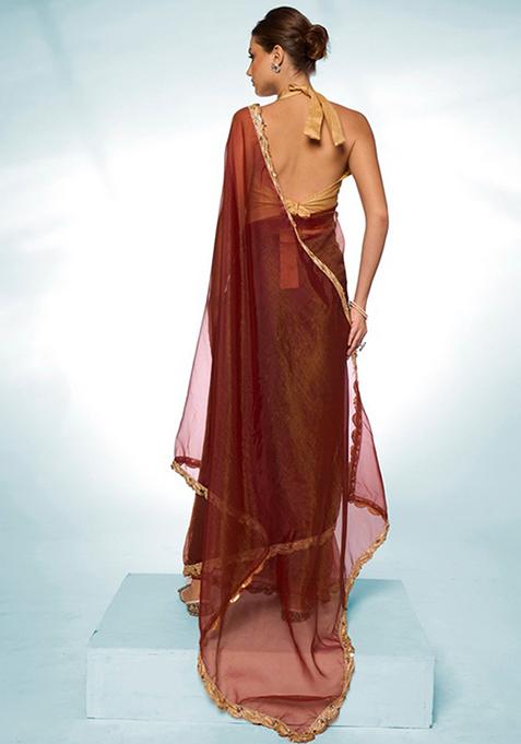 Brown Solid Tissue Saree Set
