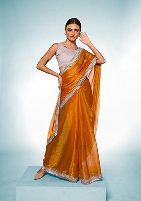 Mustard Solid Burberry Silk Saree Set