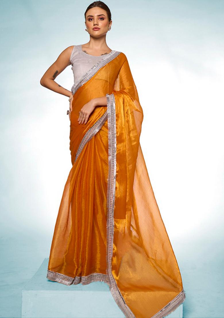 Mustard Solid Burberry Silk Saree Set