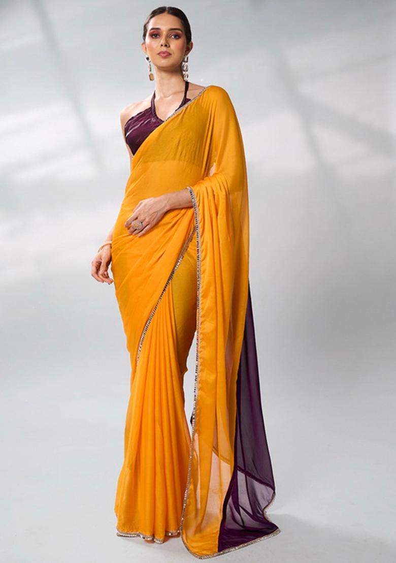 Yellow Solid Georgette Saree Set