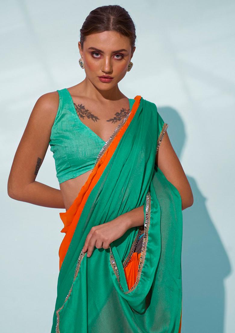 Sea Green Solid Georgette Saree Set
