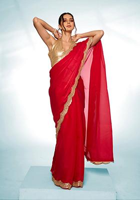 Red Solid Jimmy Choo Saree Set