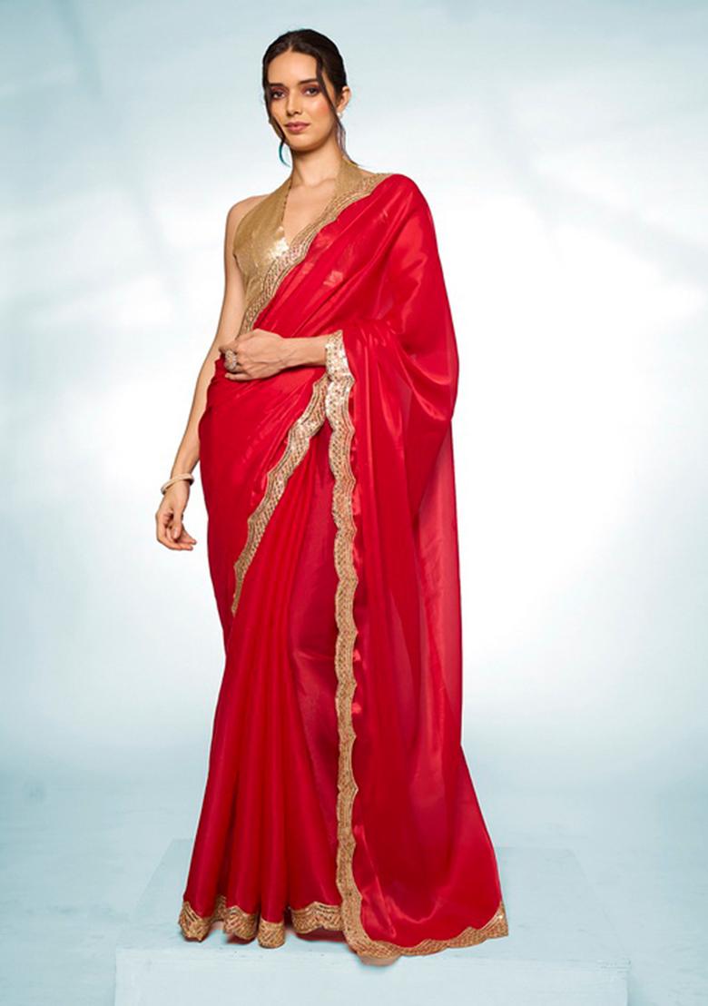 Red Solid Jimmy Choo Saree Set