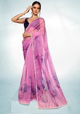 Purple Printed Organza Saree Set