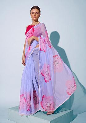 Sky Blue Printed Organza Saree Set