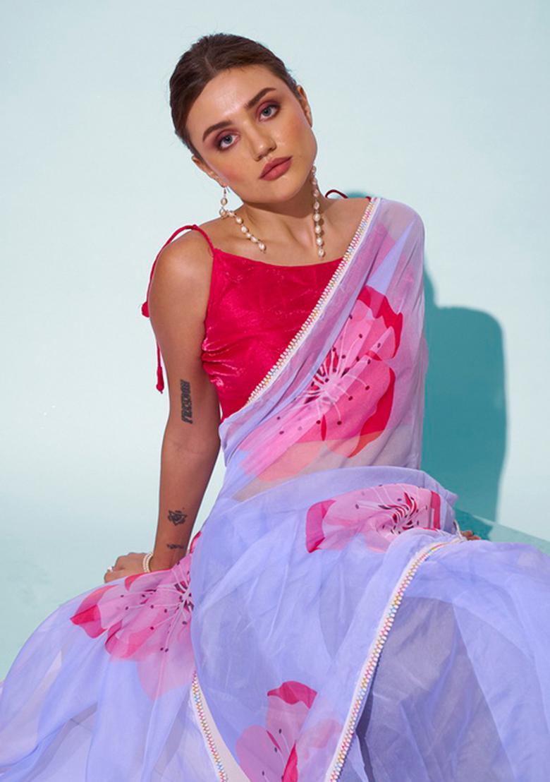 Sky Blue Printed Organza Saree Set