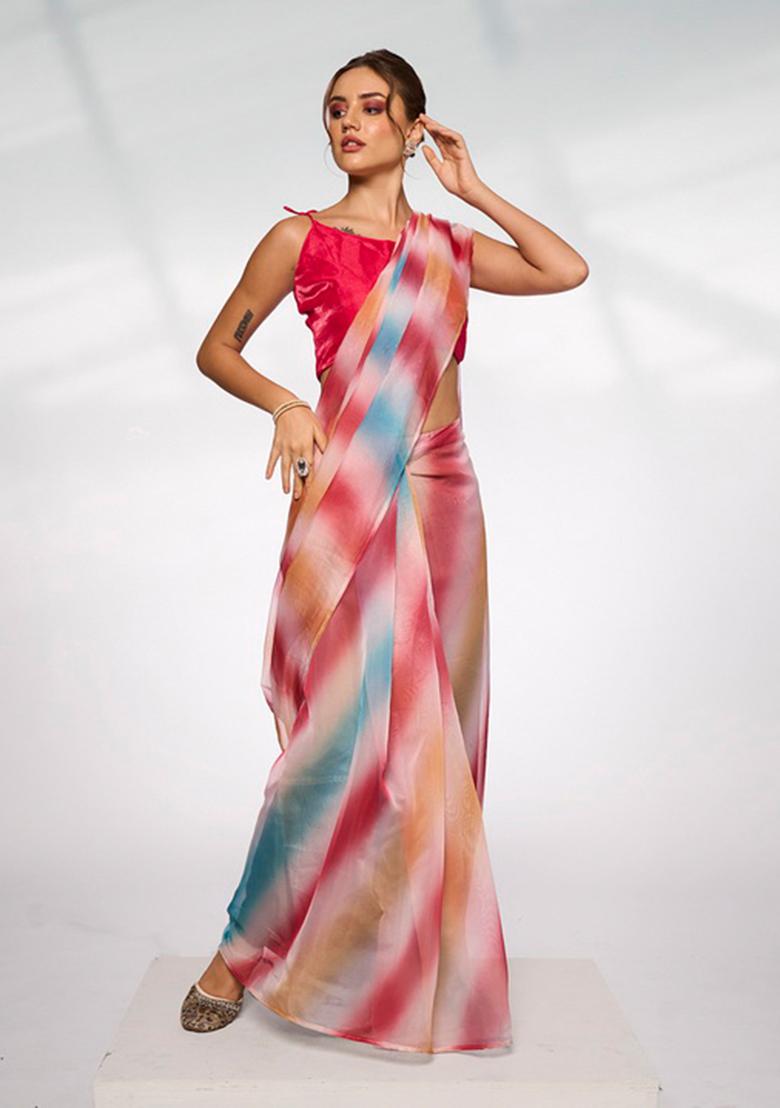 Multicolor Printed Organza Saree Set