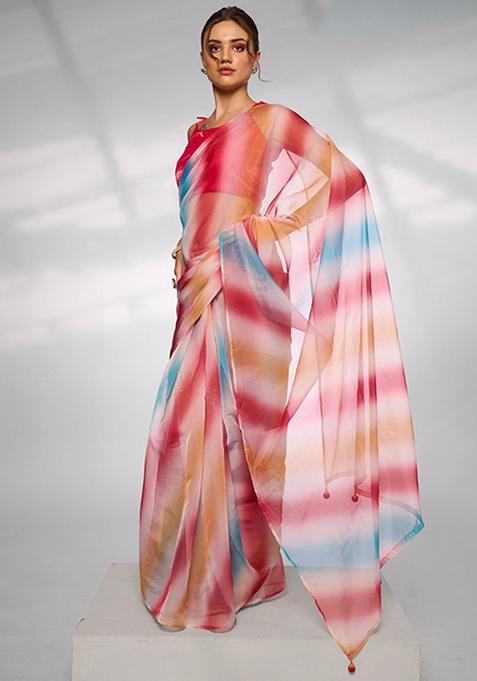 Multicolor Printed Organza Saree Set