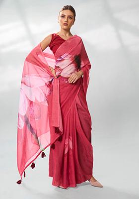 Burgundy Printed Organza Saree Set