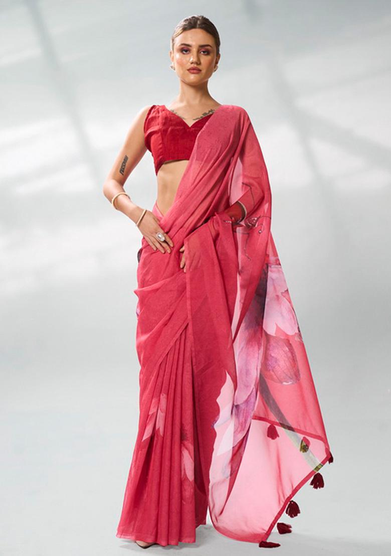 Burgundy Printed Organza Saree Set