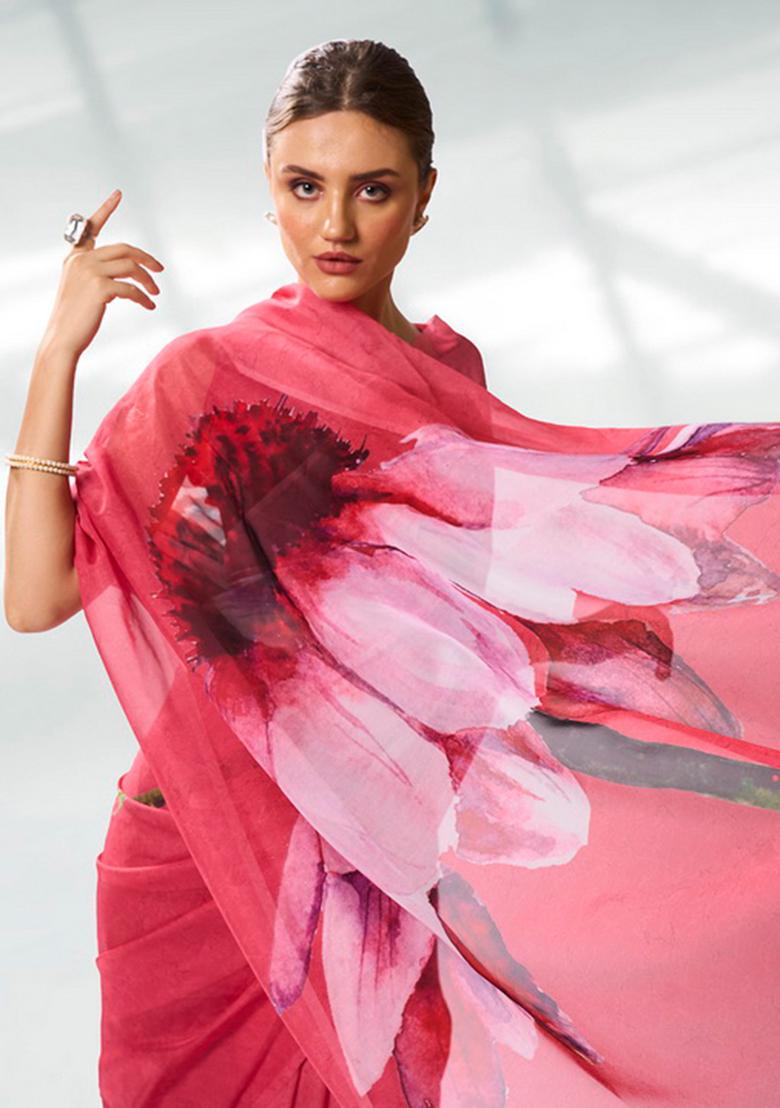 Burgundy Printed Organza Saree Set