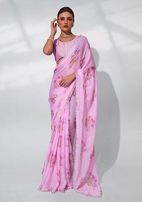 Pink Printed Satin Shimmer Saree Set