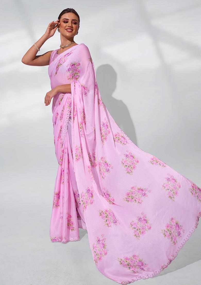 Pink Printed Satin Shimmer Saree Set