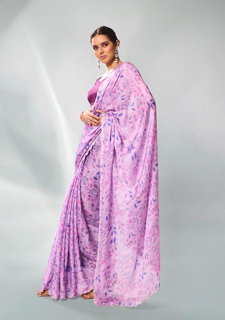 Lavender Printed Satin Georgette Saree Set