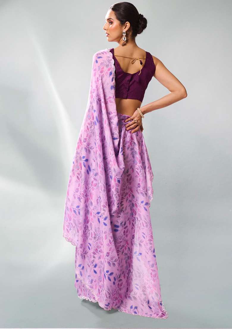 Lavender Printed Satin Georgette Saree Set - Indya