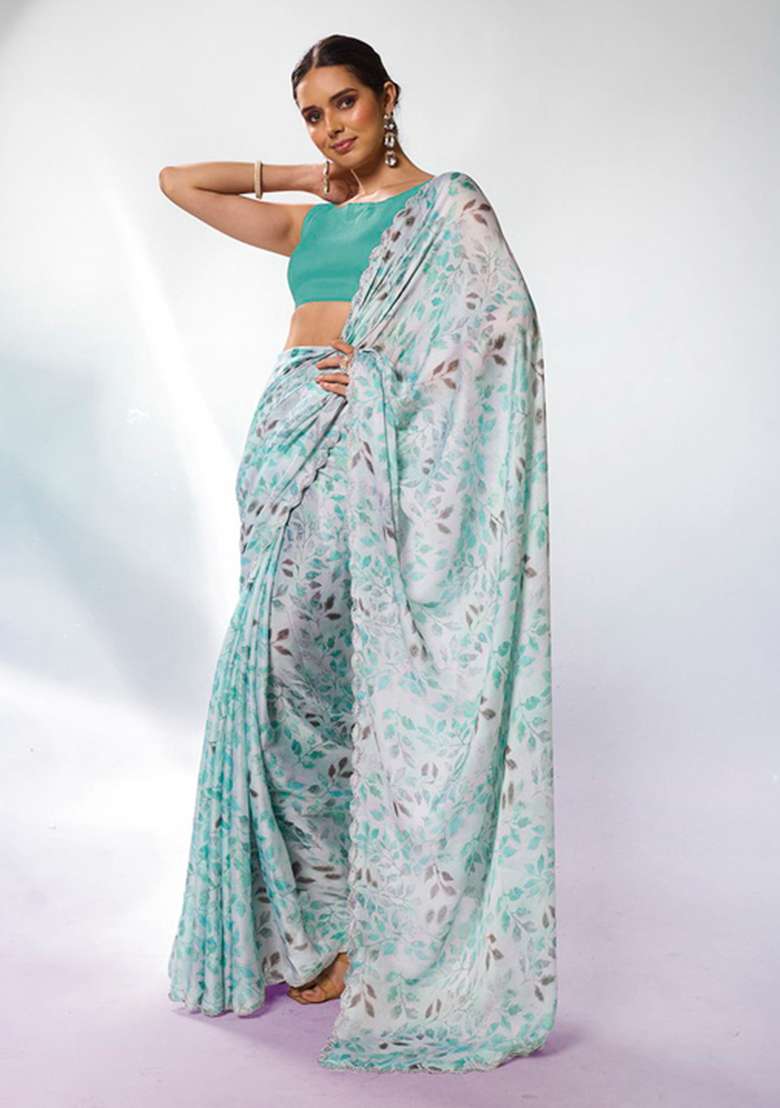 Sea Green Printed Satin Georgette Saree Set - Indya