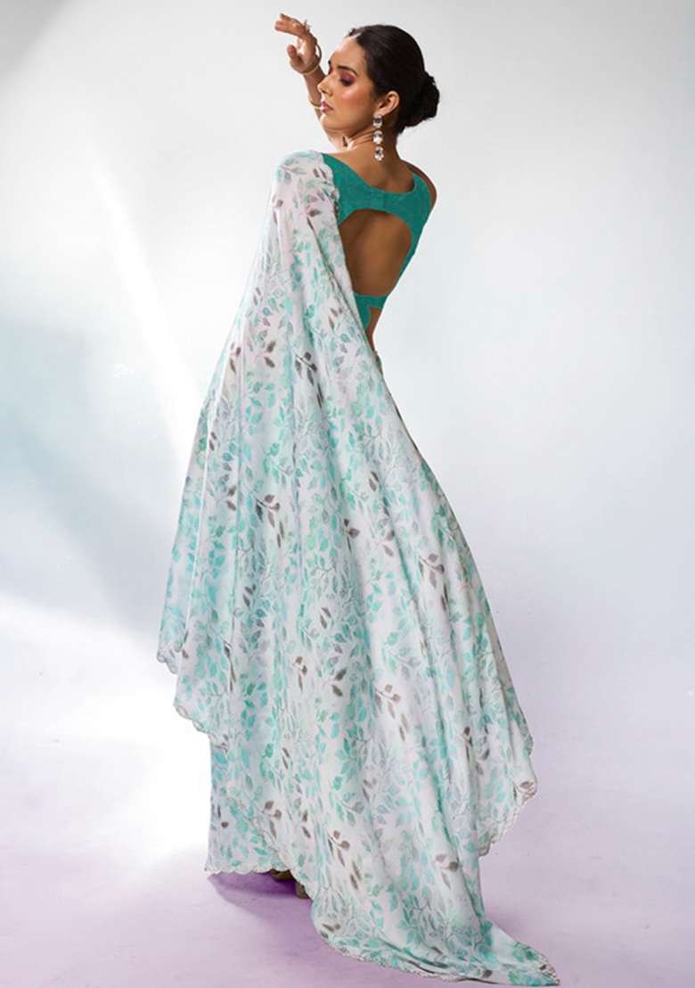 Sea Green Printed Satin Georgette Saree Set - Indya