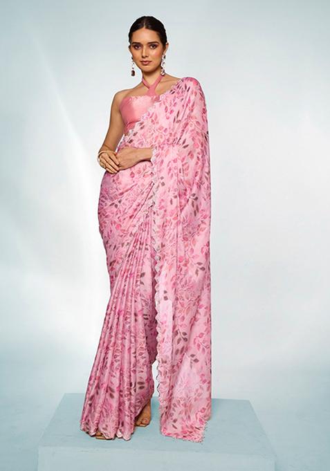 Pink Printed Satin Georgette Saree Set