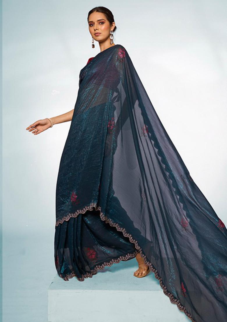 Teal Blue Swarovski Work Slub Organza Saree Set