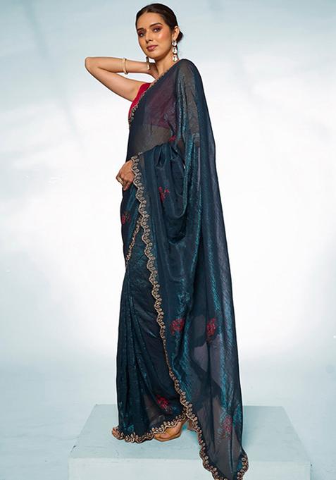 Teal Blue Swarovski Work Slub Organza Saree Set