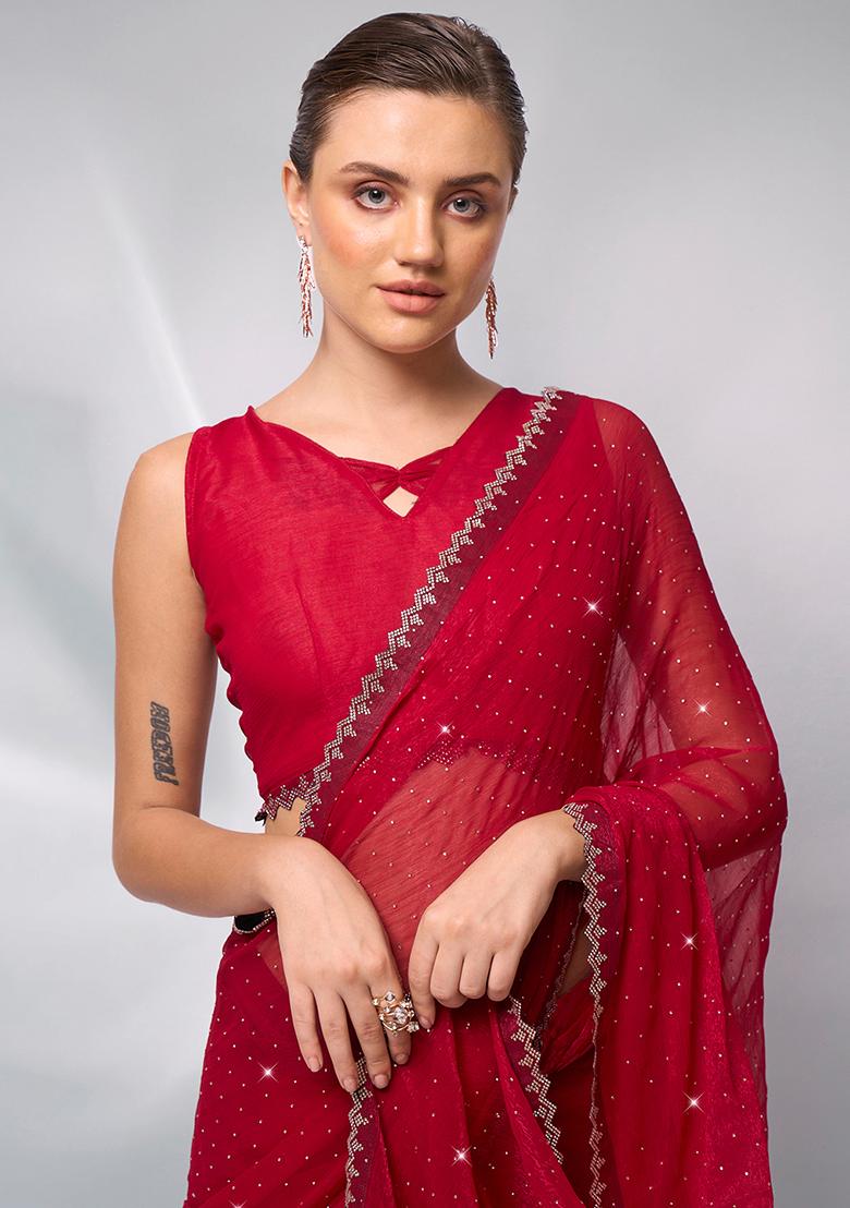 Red Swarovski Work Moss Brasso Saree Set