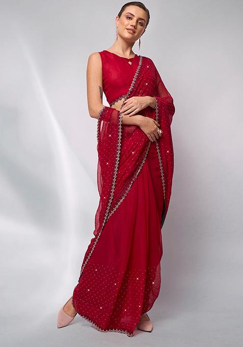 Red Swarovski Work Moss Brasso Saree Set